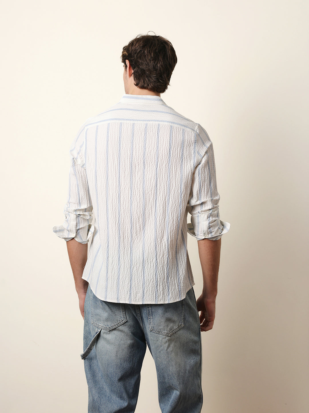 White with Blue Vertical Textured Stripe Regular Fit Casual Shirt