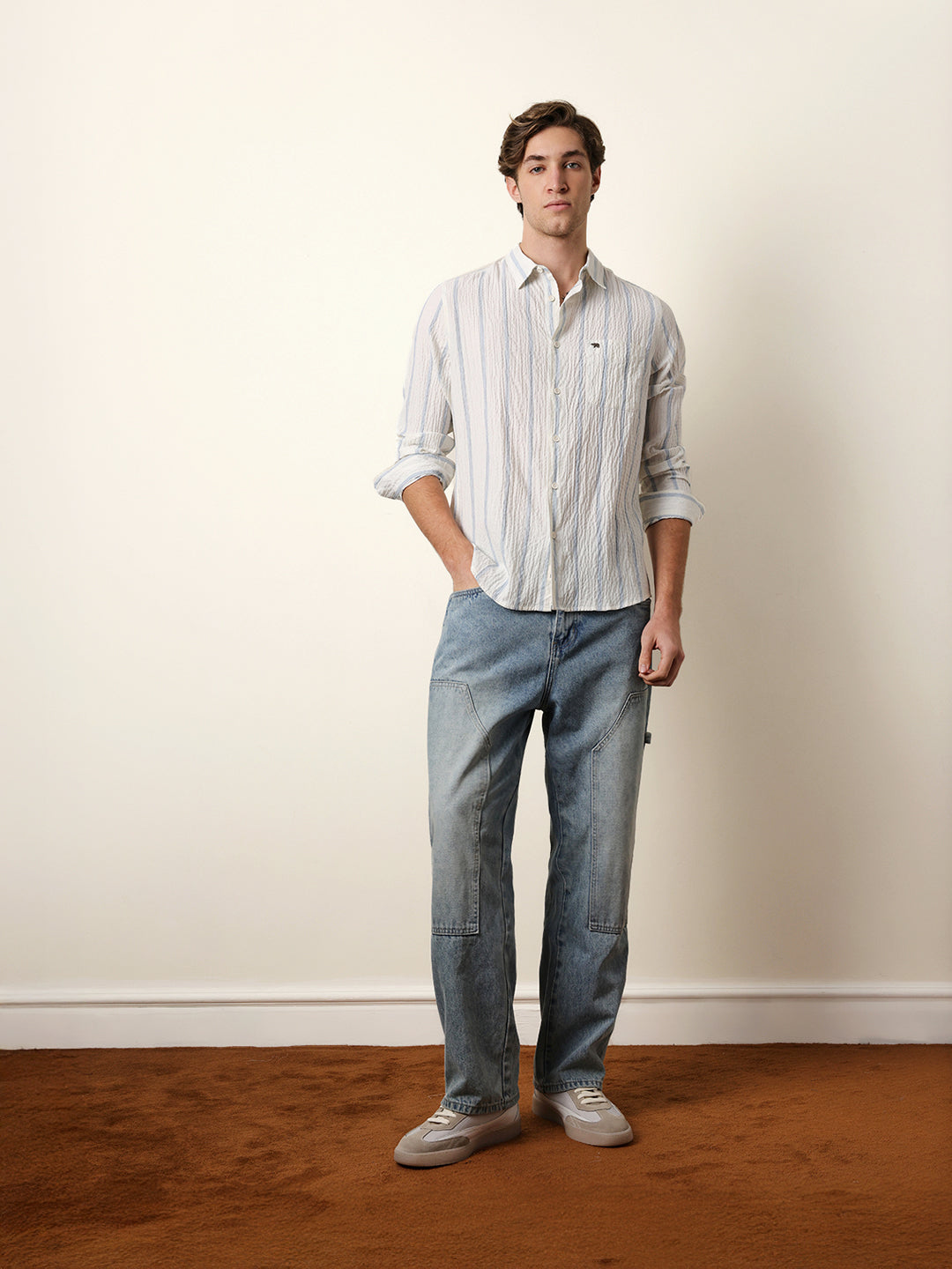 White with Blue Vertical Textured Stripe Regular Fit Casual Shirt