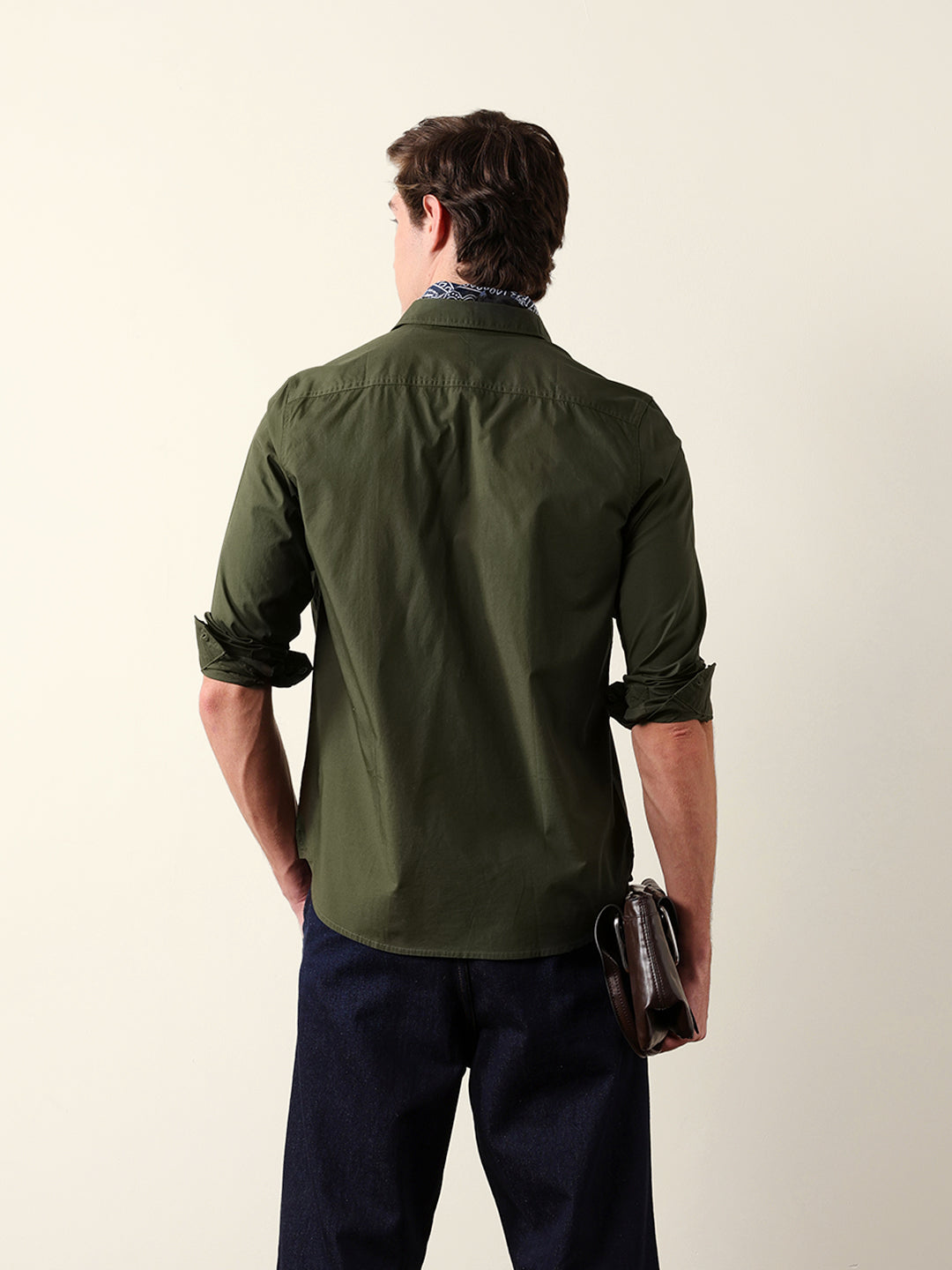 Olive Solid Slim Fit Cotton Casual Shirt