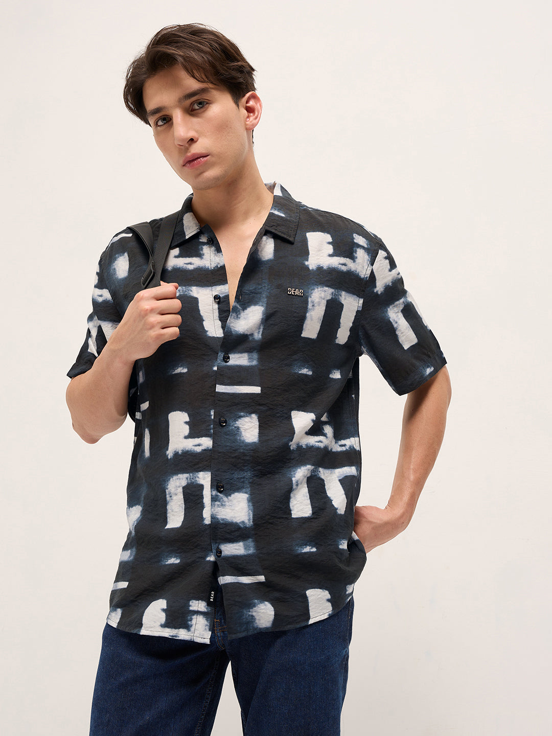 Dark Blue Digital Print Relaxed Fit Casual Shirt in Nylon Viscose