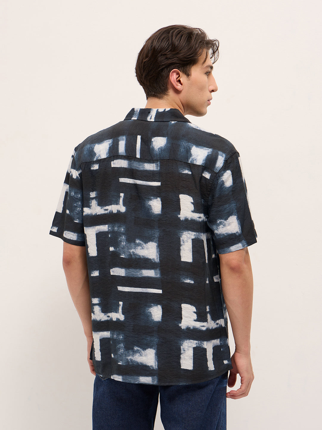 Dark Blue Digital Print Relaxed Fit Casual Shirt in Nylon Viscose