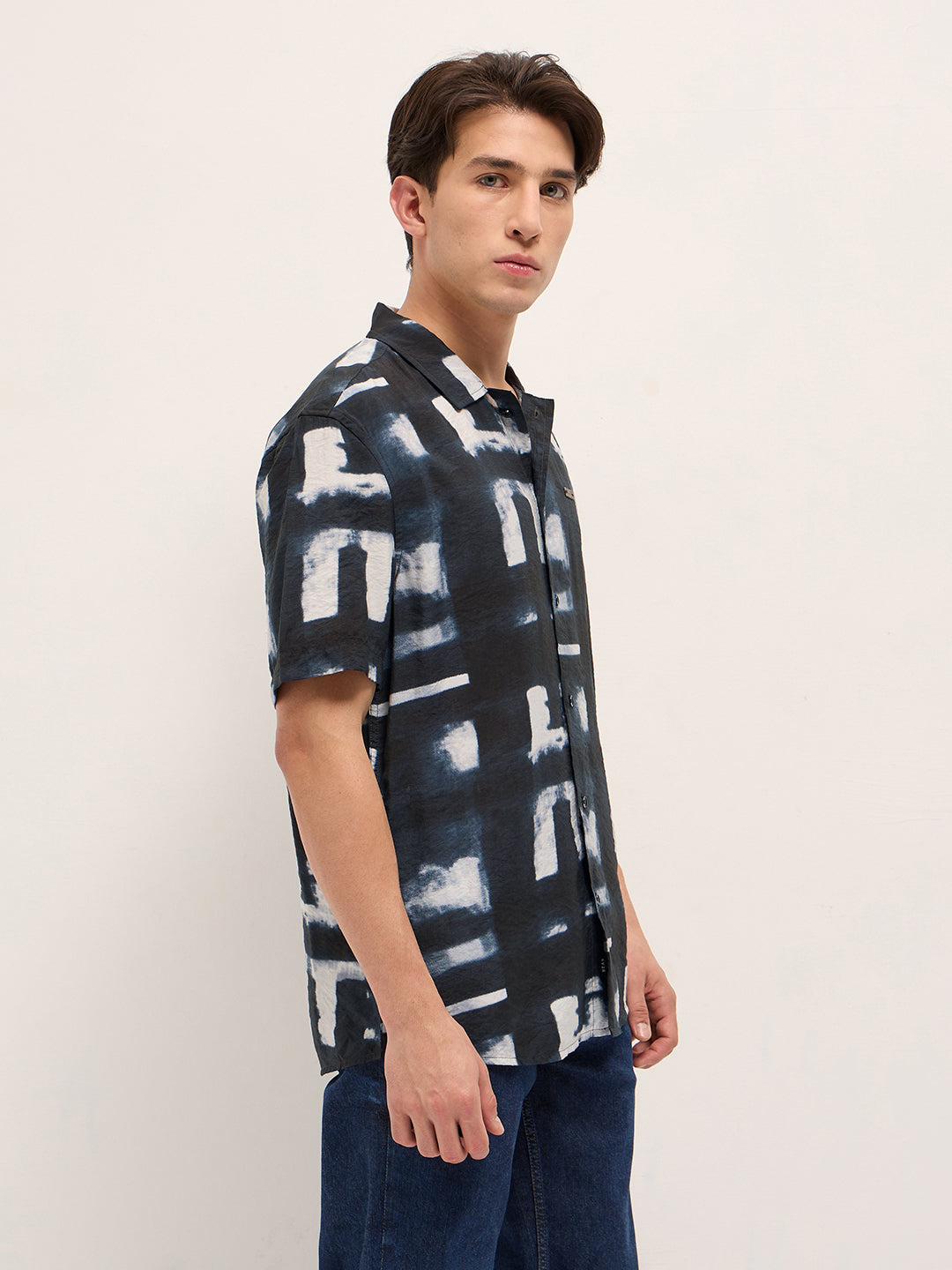 Dark Blue Digital Print Relaxed Fit Casual Shirt in Nylon Viscose