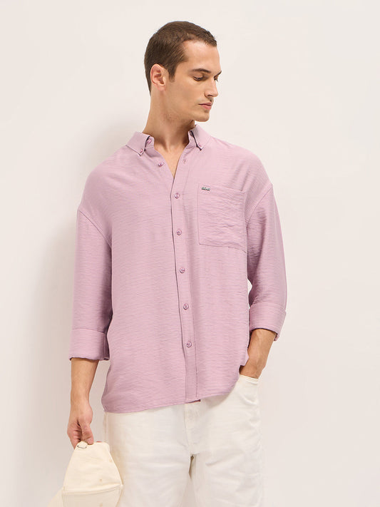 Pink Viscose Herringbone Design Relax Fit Casual shirt