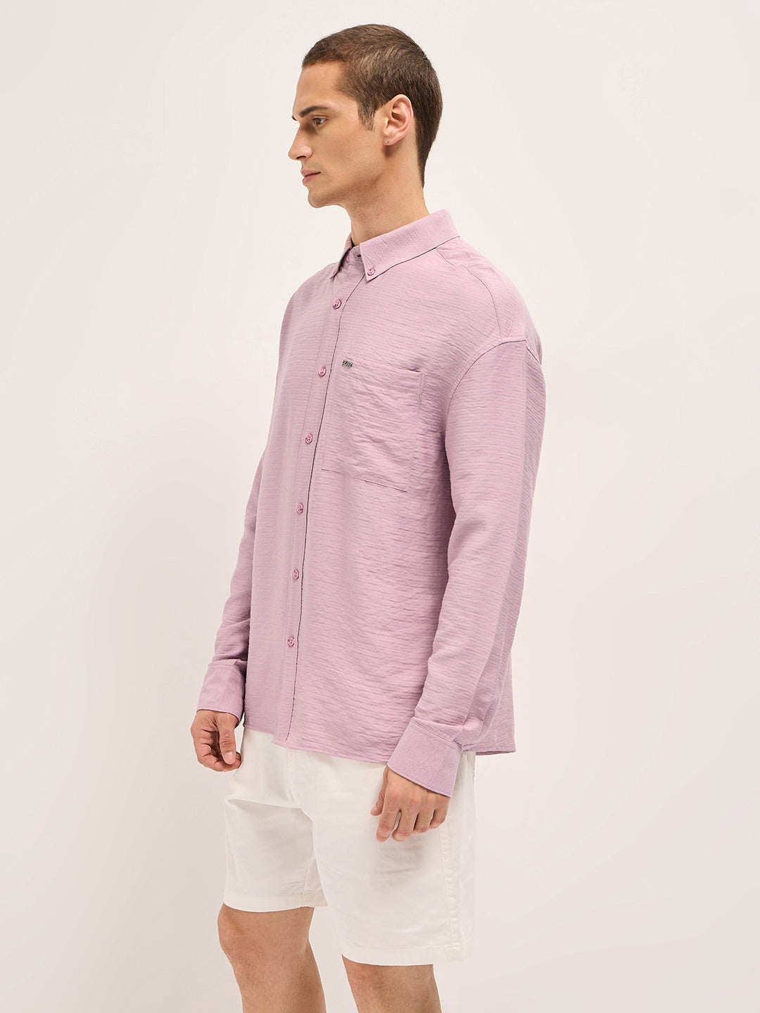 Pink Viscose Herringbone Design Relax Fit Casual shirt