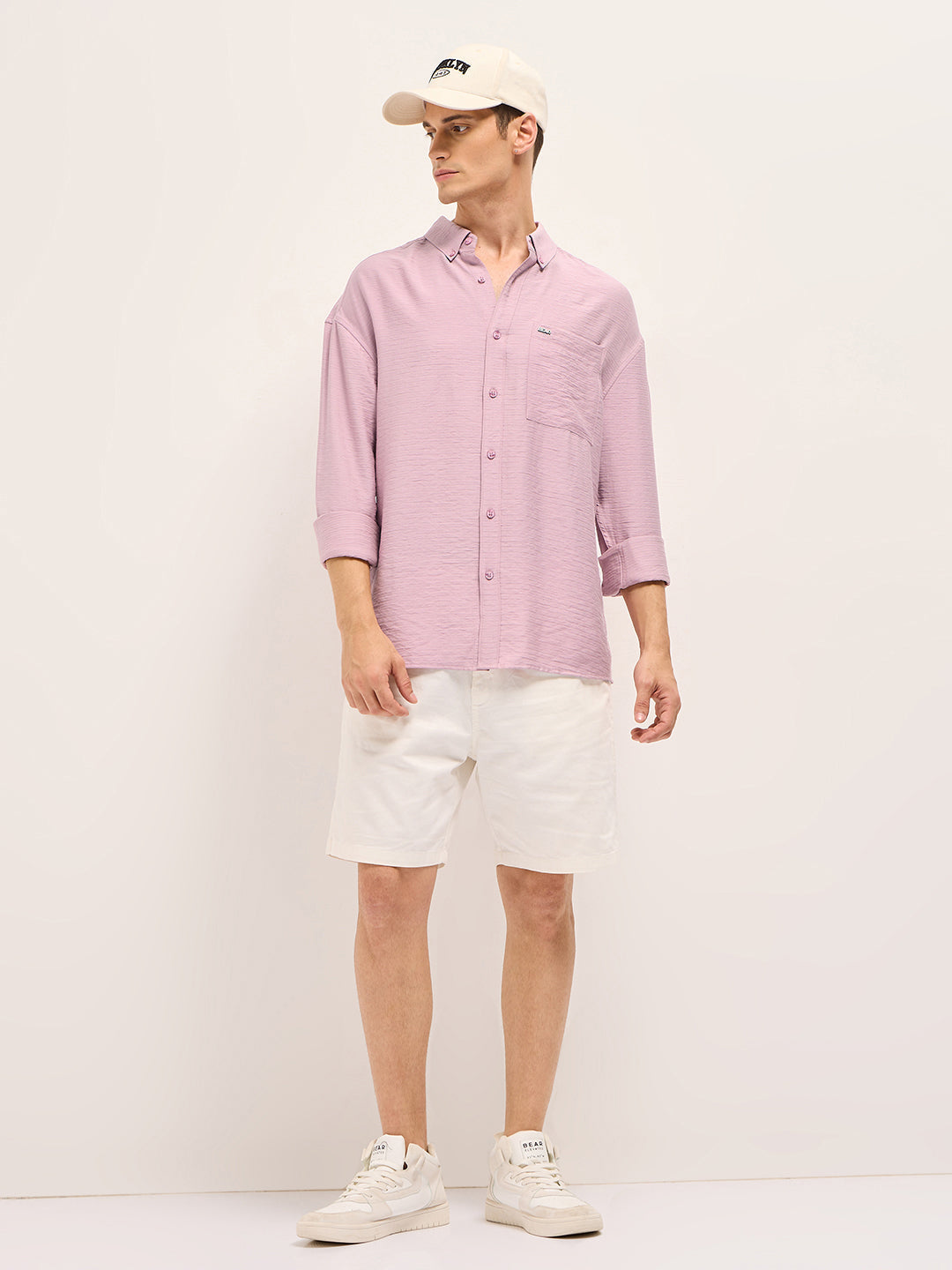 Pink Viscose Herringbone Design Relax Fit Casual shirt