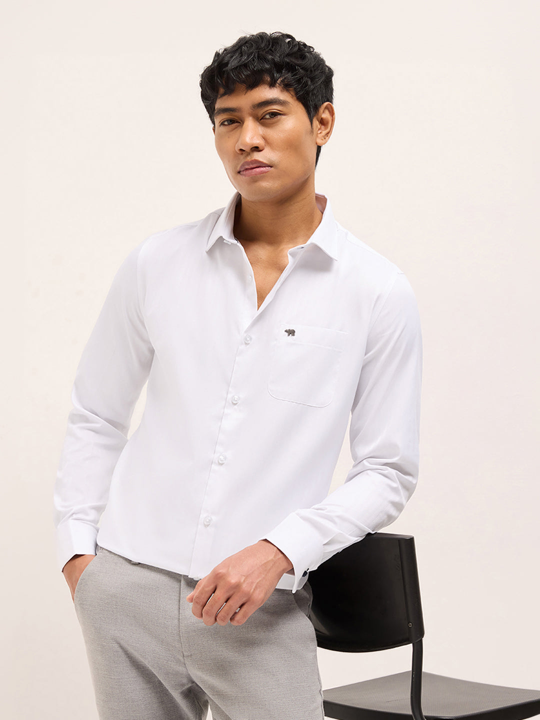 White Herringbone Woven Tailored Fit Formal Shirt with French Cuffs