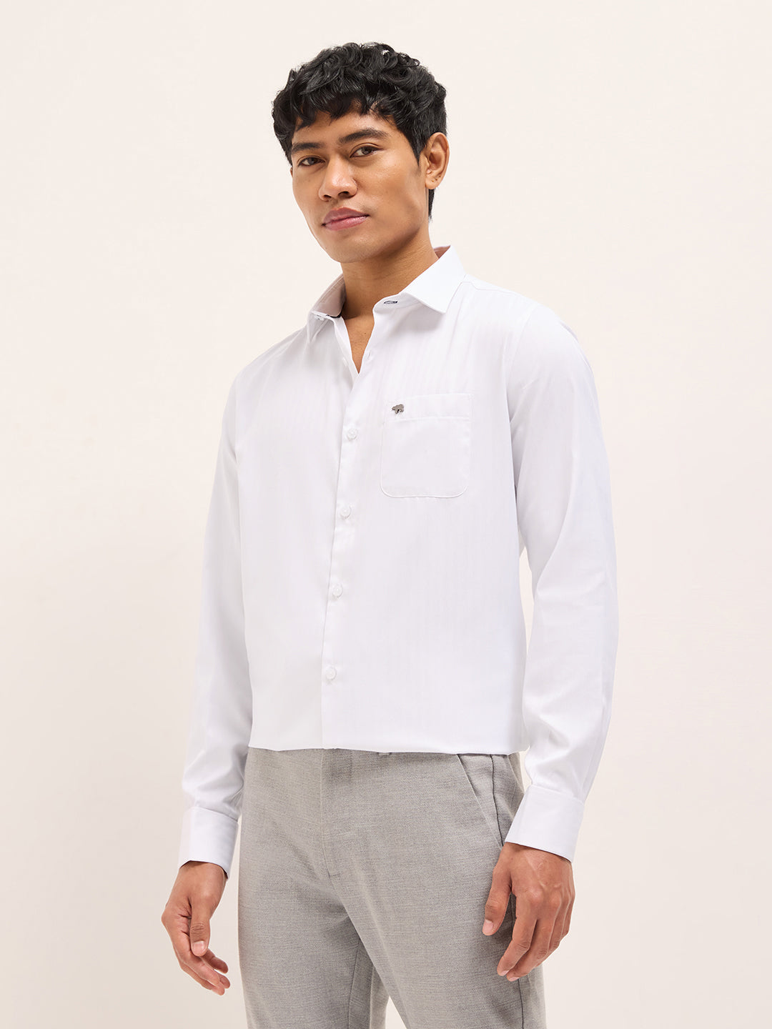 White Herringbone Woven Tailored Fit Formal Shirt with French Cuffs