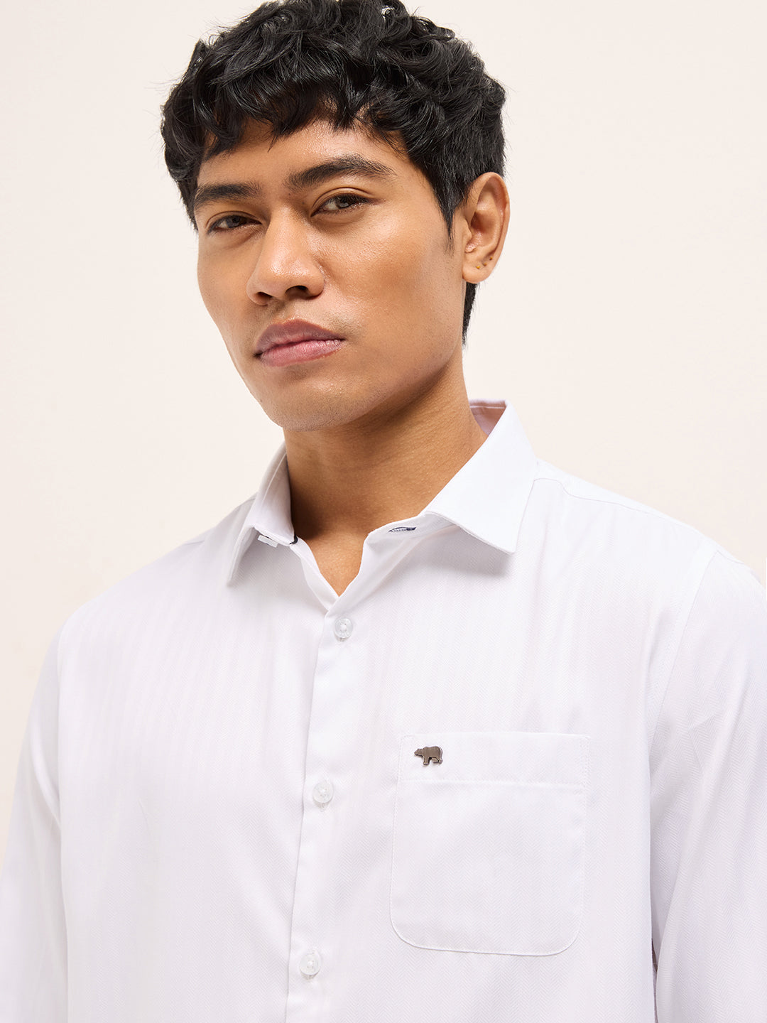 White Herringbone Woven Tailored Fit Formal Shirt with French Cuffs