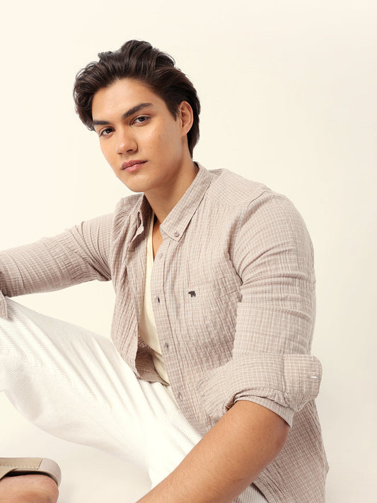 Beige Slim Fit Casual Shirt with Woven Micro Check