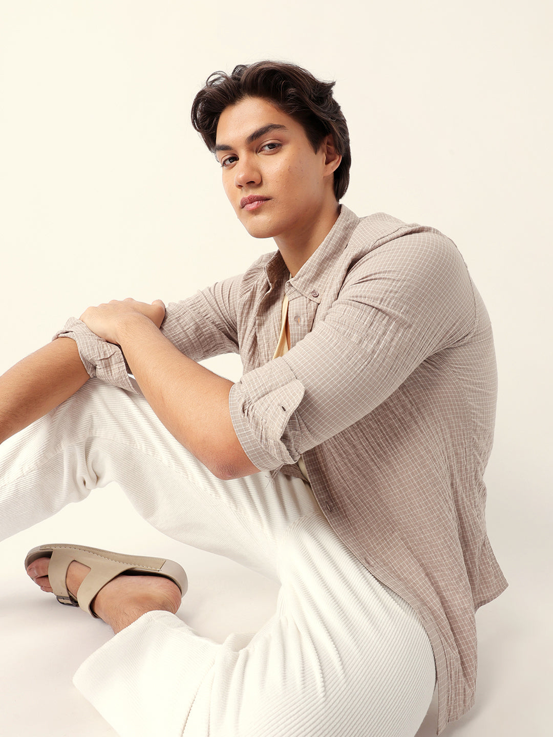 Beige Slim Fit Casual Shirt with Woven Micro Check