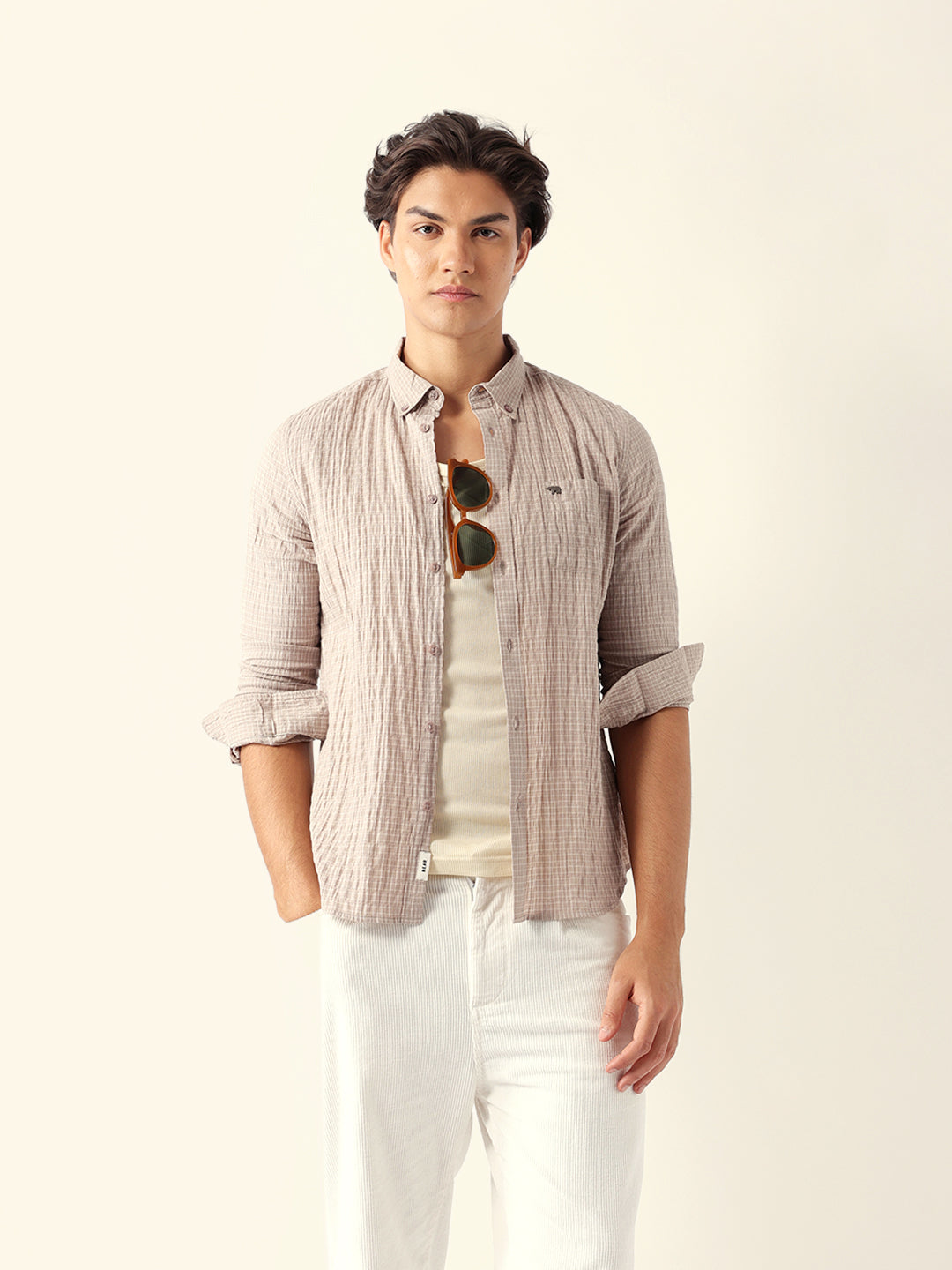 Beige Slim Fit Casual Shirt with Woven Micro Check