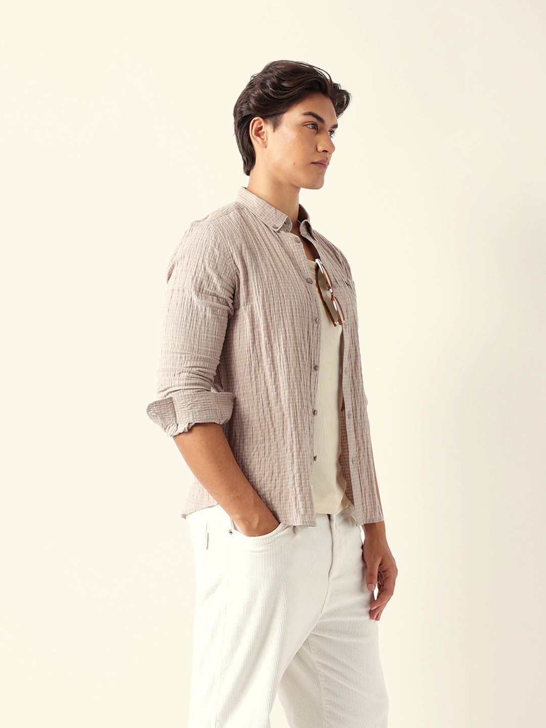 Beige Slim Fit Casual Shirt with Woven Micro Check