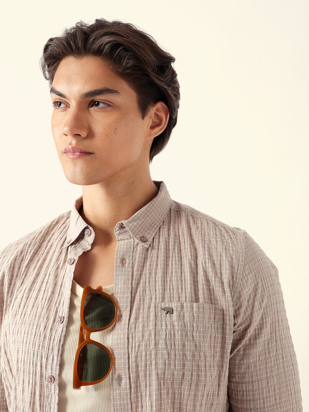 Beige Slim Fit Casual Shirt with Woven Micro Check