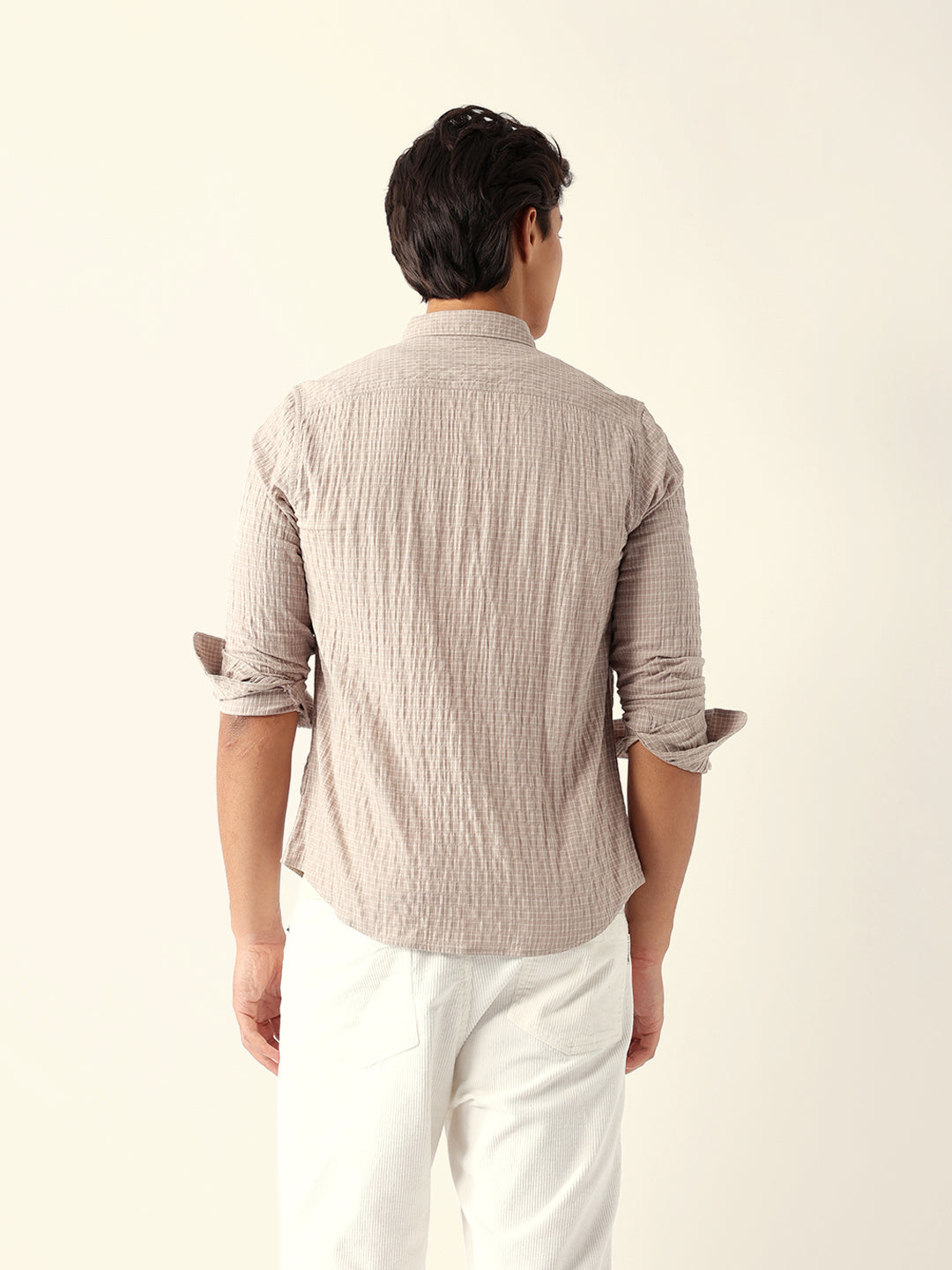 Beige Slim Fit Casual Shirt with Woven Micro Check