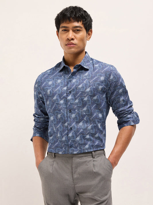 Blue Digital Print Tailored Fit Cotton Formal Shirt