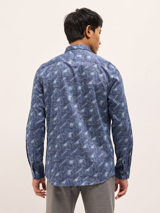 Blue Digital Print Tailored Fit Cotton Formal Shirt