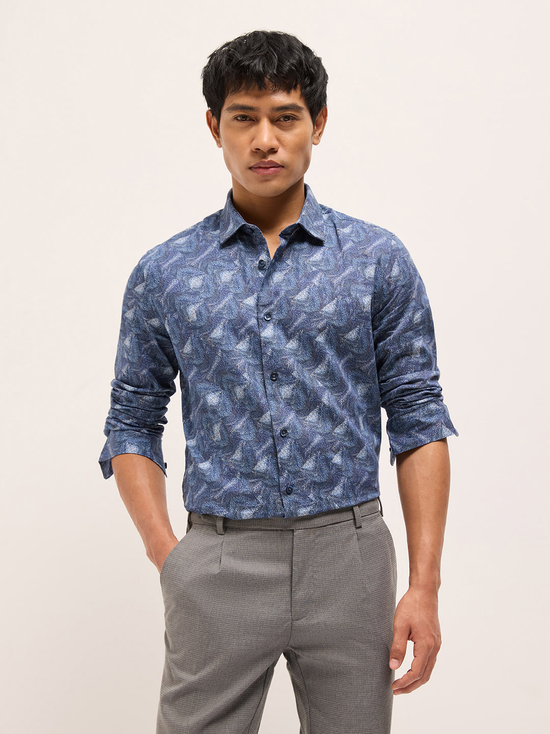 Blue Digital Print Tailored Fit Cotton Formal Shirt