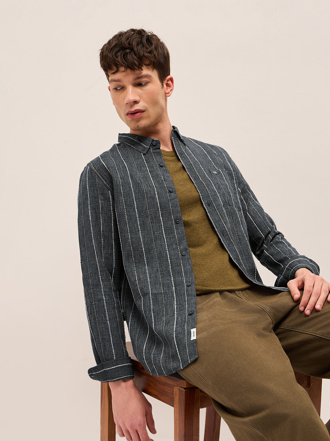 Grey Woven Vertical Stripes Slim Fit Casual Shirt