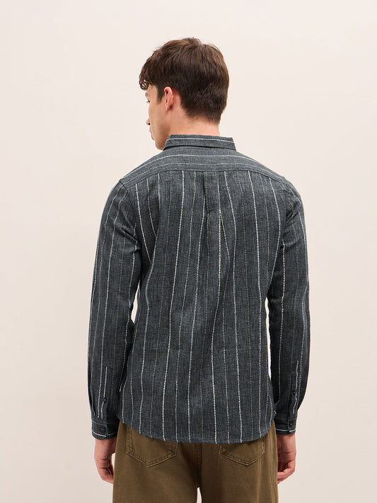 Grey Woven Vertical Stripes Slim Fit Casual Shirt