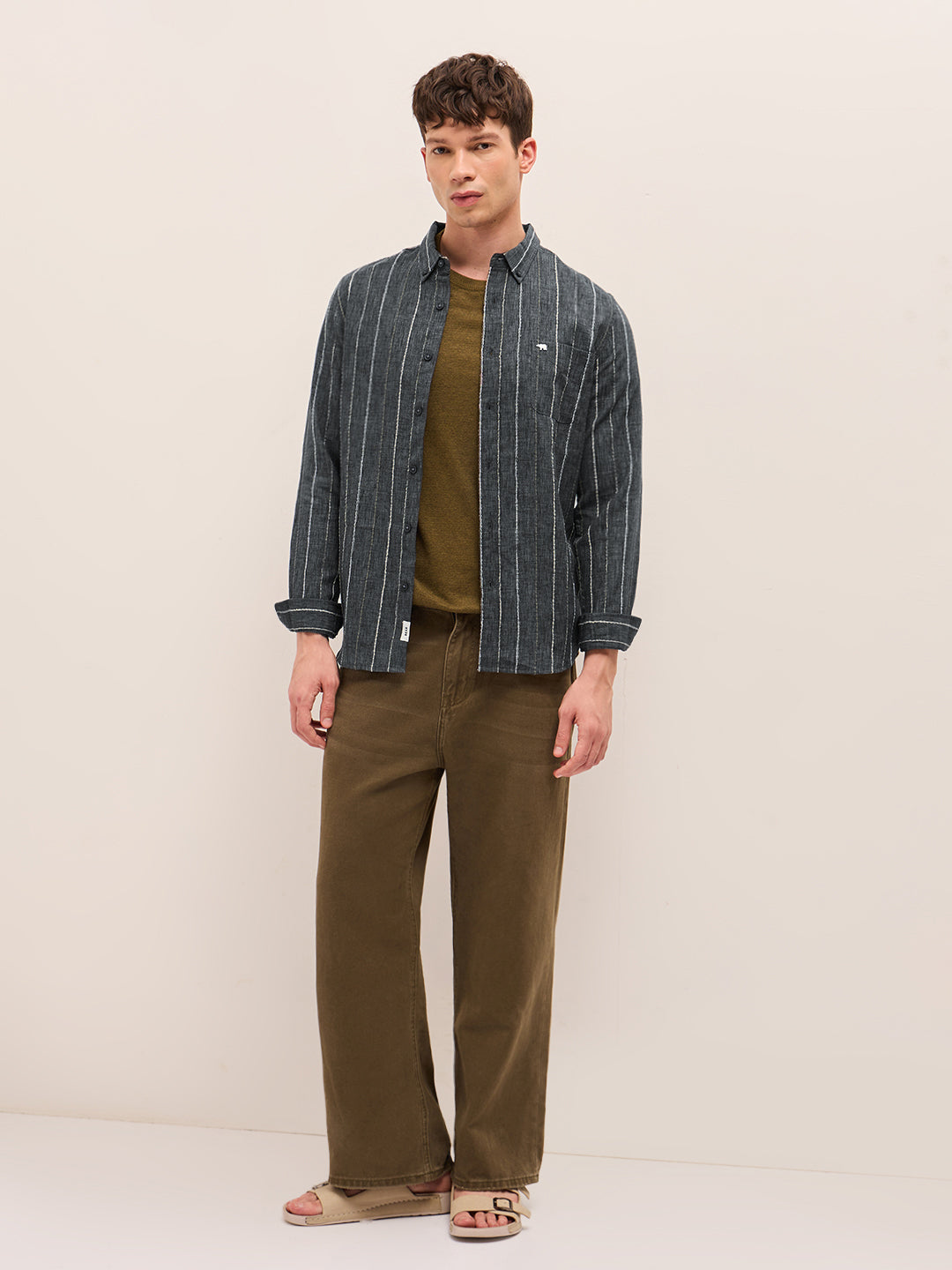 Grey Woven Vertical Stripes Slim Fit Casual Shirt