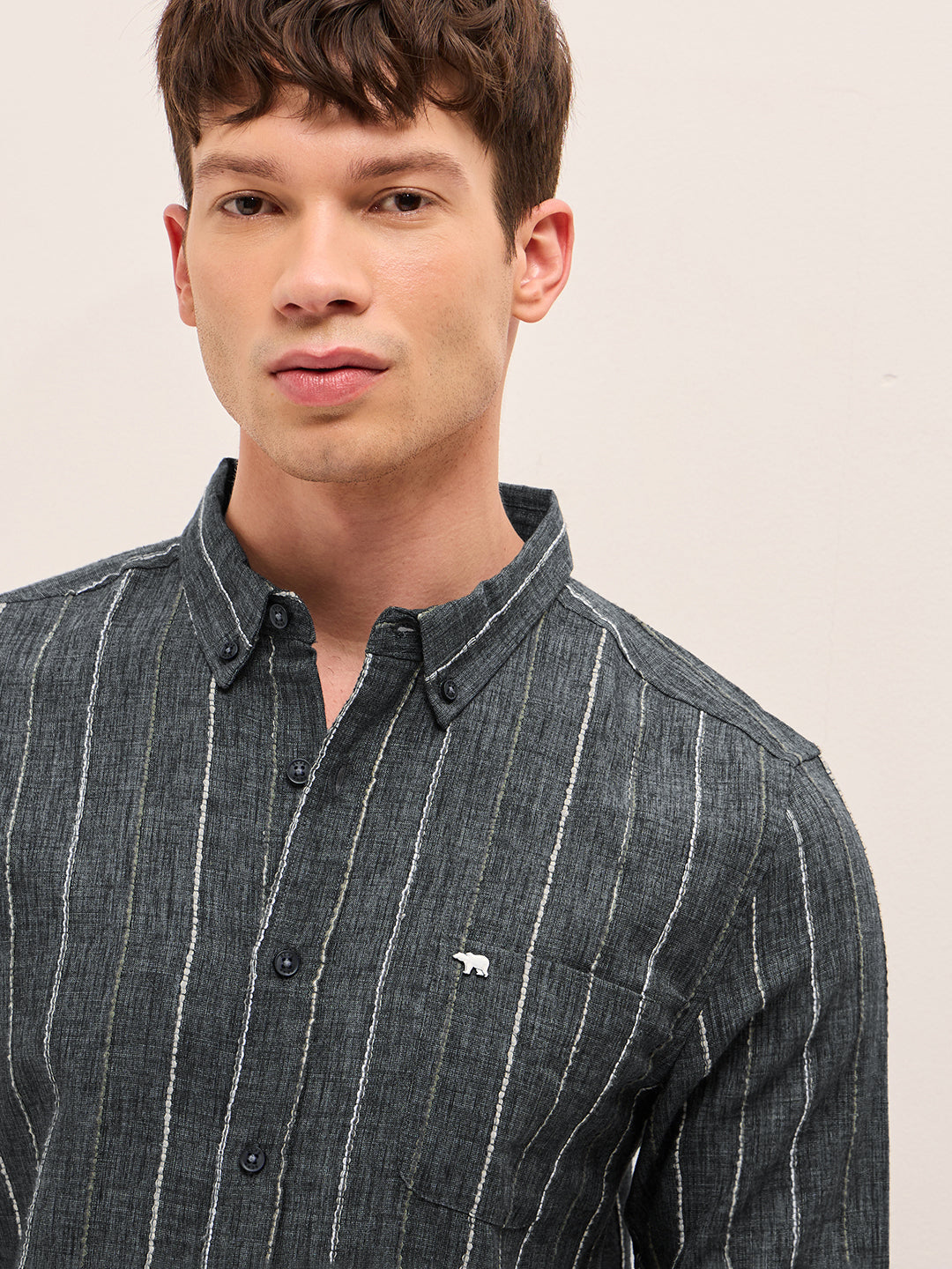 Grey Woven Vertical Stripes Slim Fit Casual Shirt