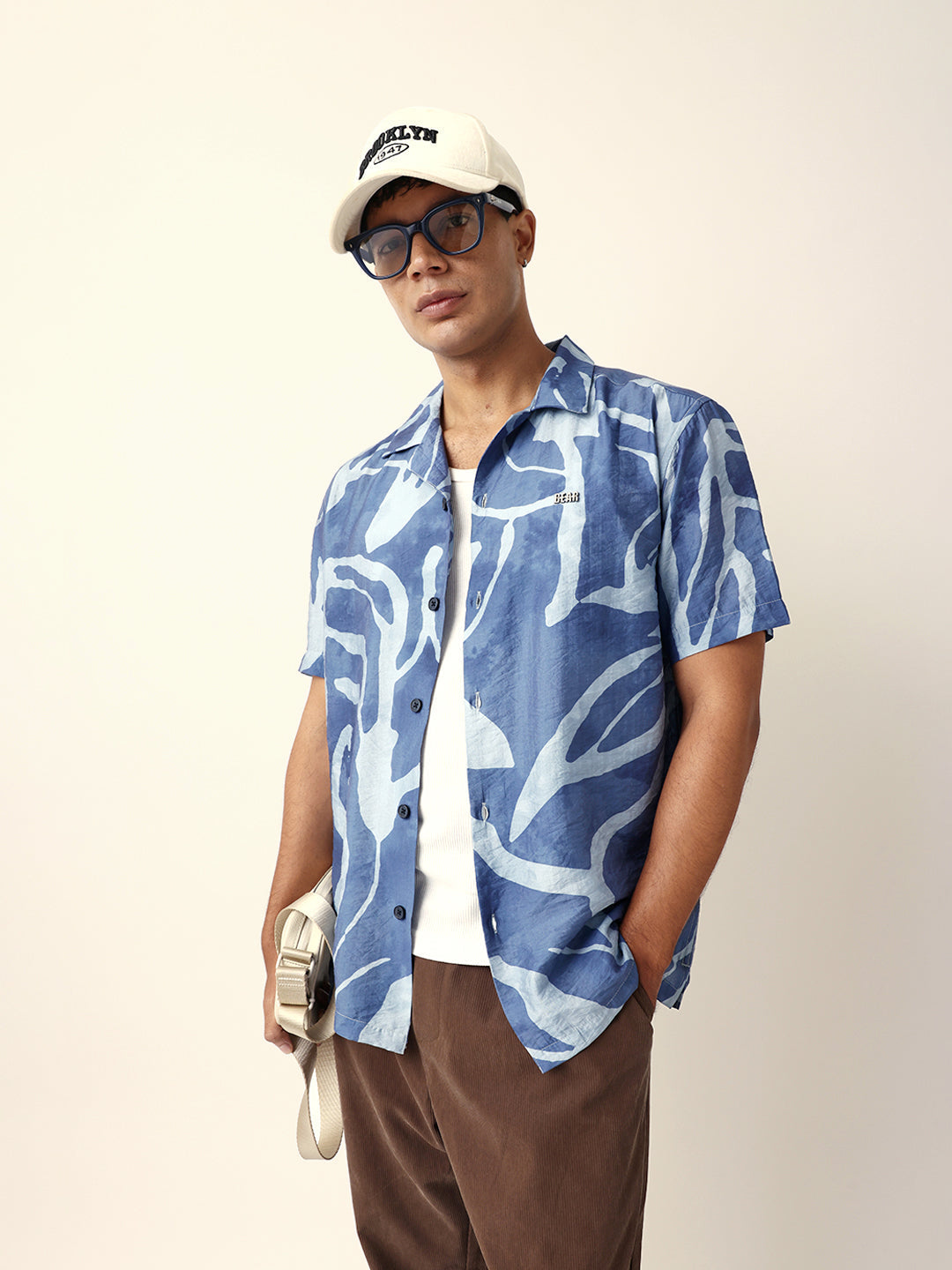Blue Abstract Free-Flowing Stroke Printed Relaxed Fit Short Sleeve Shirt