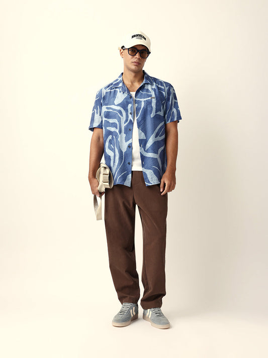Blue Abstract Free-Flowing Stroke Printed Relaxed Fit Short Sleeve Shirt