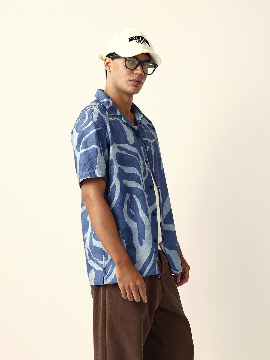 Blue Abstract Free-Flowing Stroke Printed Relaxed Fit Short Sleeve Shirt