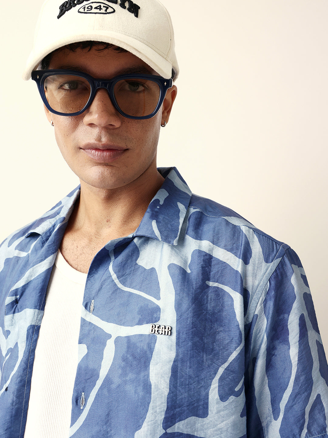 Blue Abstract Free-Flowing Stroke Printed Relaxed Fit Short Sleeve Shirt