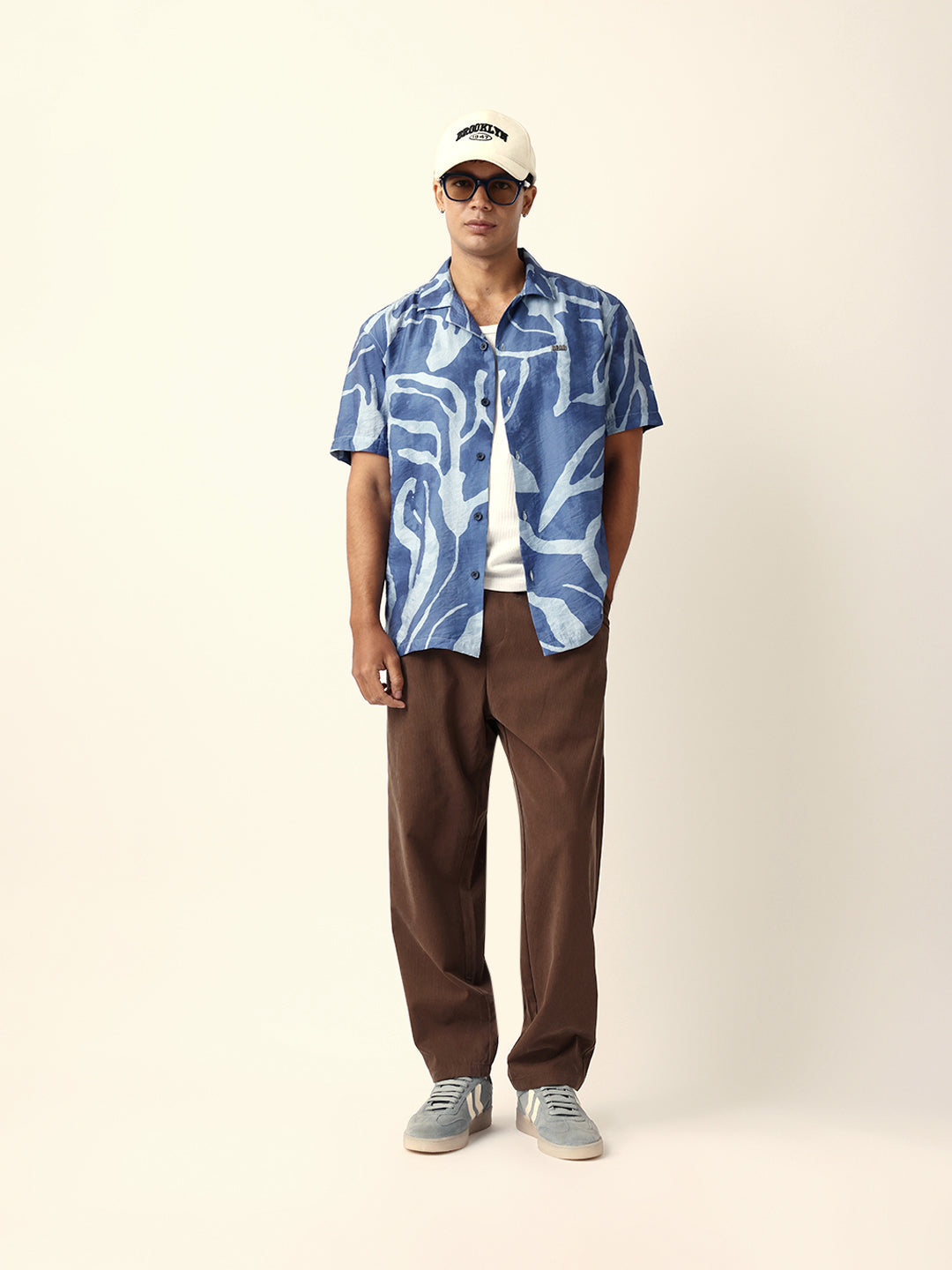 Blue Abstract Free-Flowing Stroke Printed Relaxed Fit Short Sleeve Shirt
