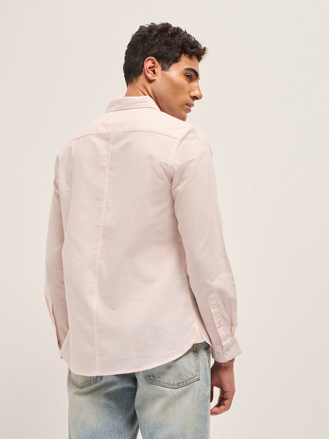 Pink Cotton Linen Slim Fit Solid Casual Shirt