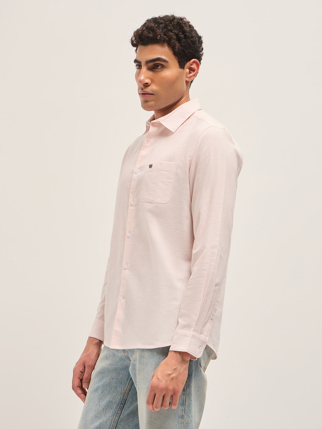 Pink Cotton Linen Slim Fit Solid Casual Shirt