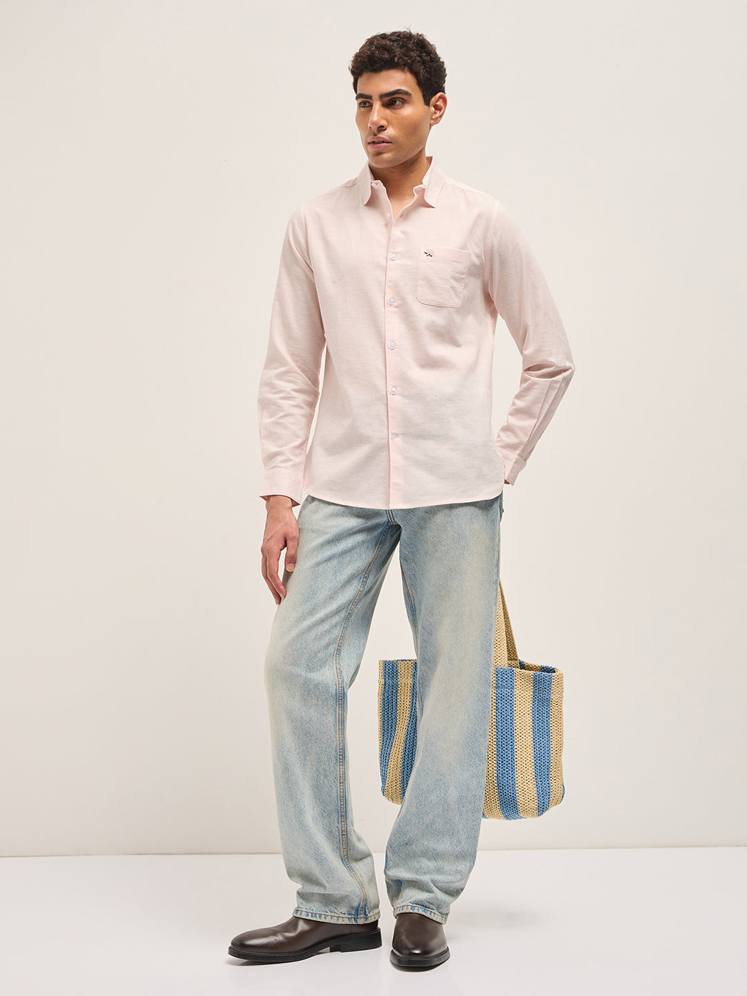Pink Cotton Linen Slim Fit Solid Casual Shirt