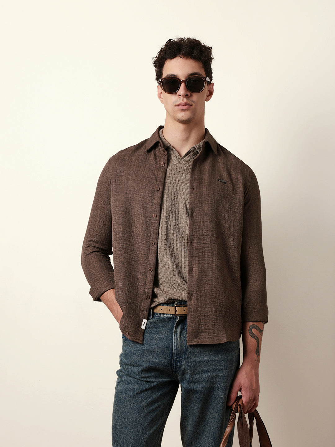 Brown Woven Textured Slim Fit Casual Shirt