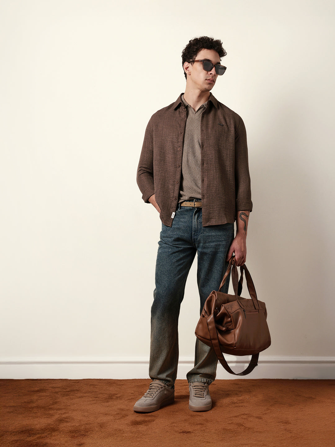 Brown Woven Textured Slim Fit Casual Shirt