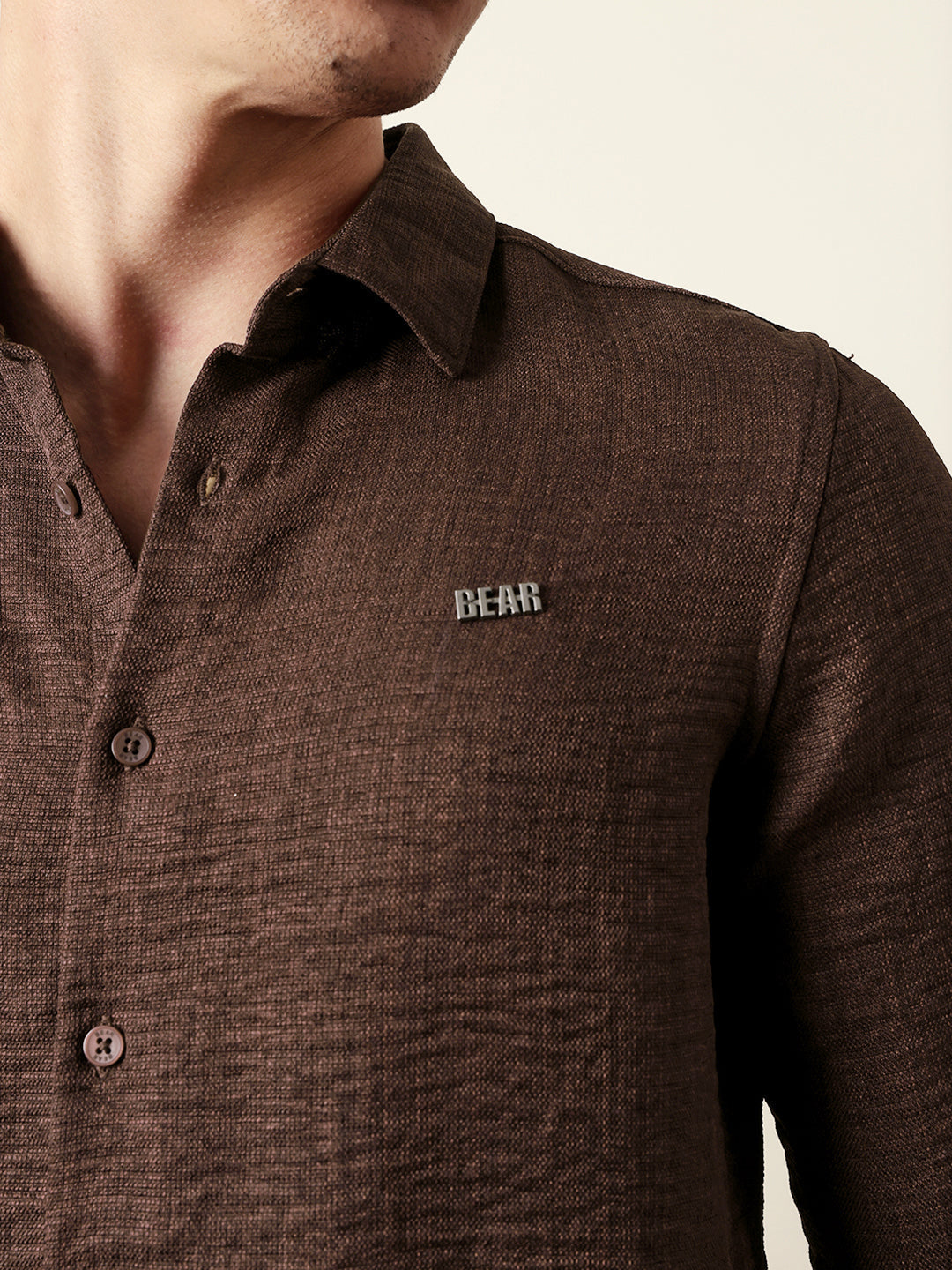 Brown Woven Textured Slim Fit Casual Shirt