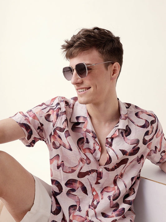 Multicolor Abstract Scribble Print Relaxed Fit Cuban Collar Casual Shirt