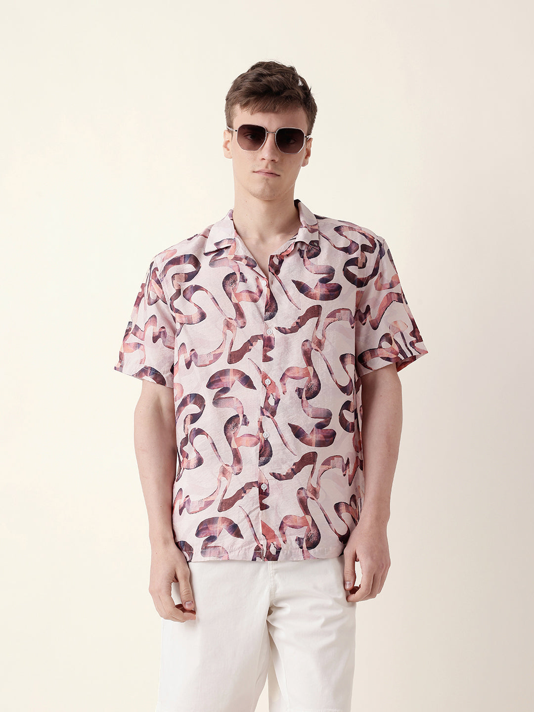 Multicolor Abstract Scribble Print Relaxed Fit Cuban Collar Casual Shirt