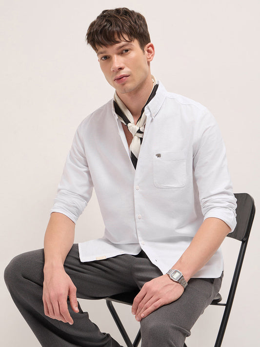 White Solid Cotton Slim Fit Casual Shirt with Button-Down Collar