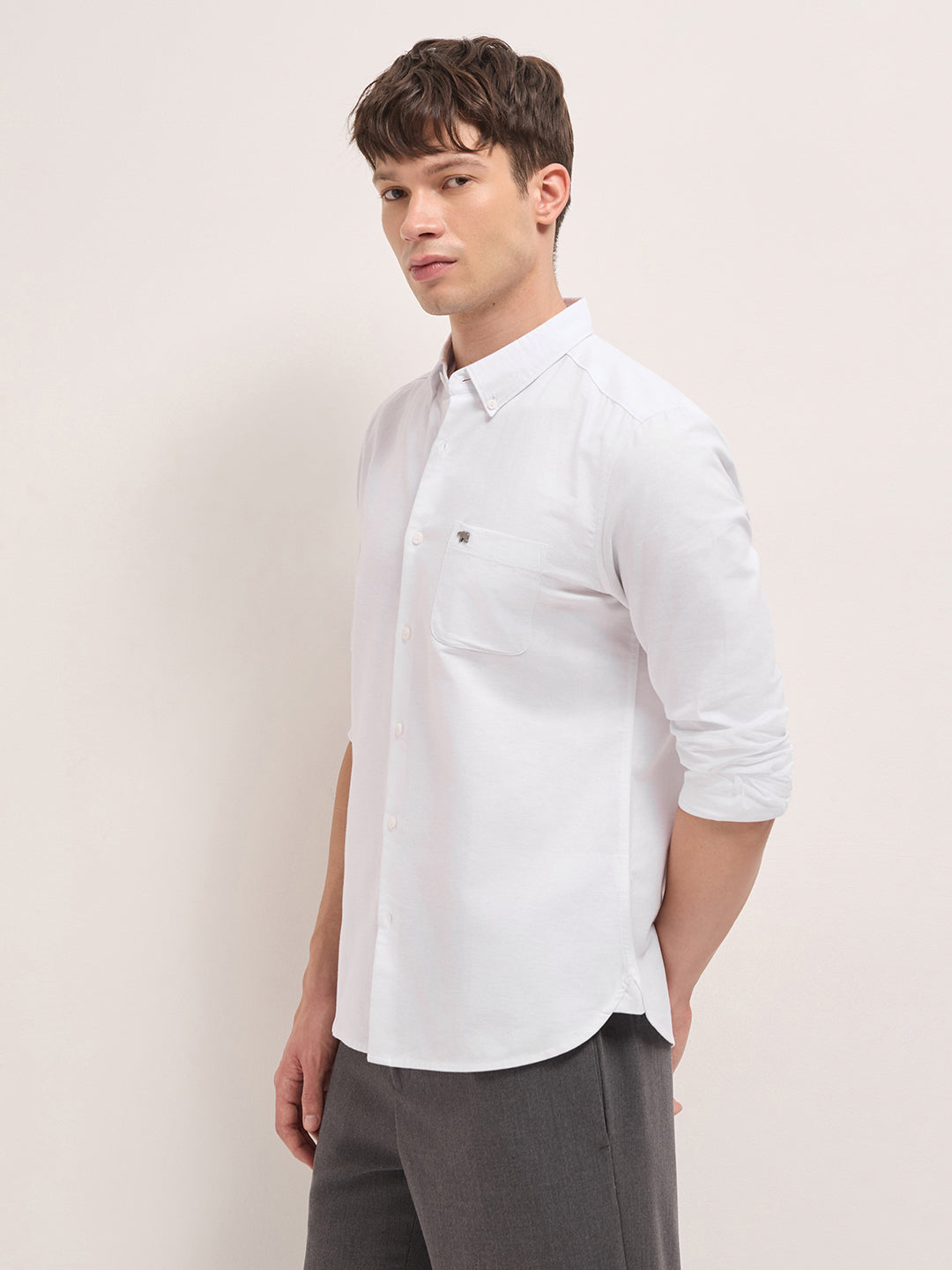 White Solid Cotton Slim Fit Casual Shirt with Button-Down Collar