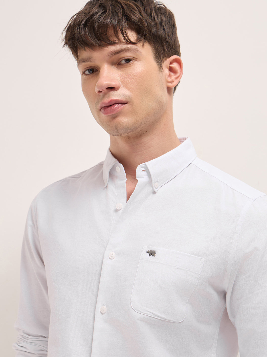 White Solid Cotton Slim Fit Casual Shirt with Button-Down Collar