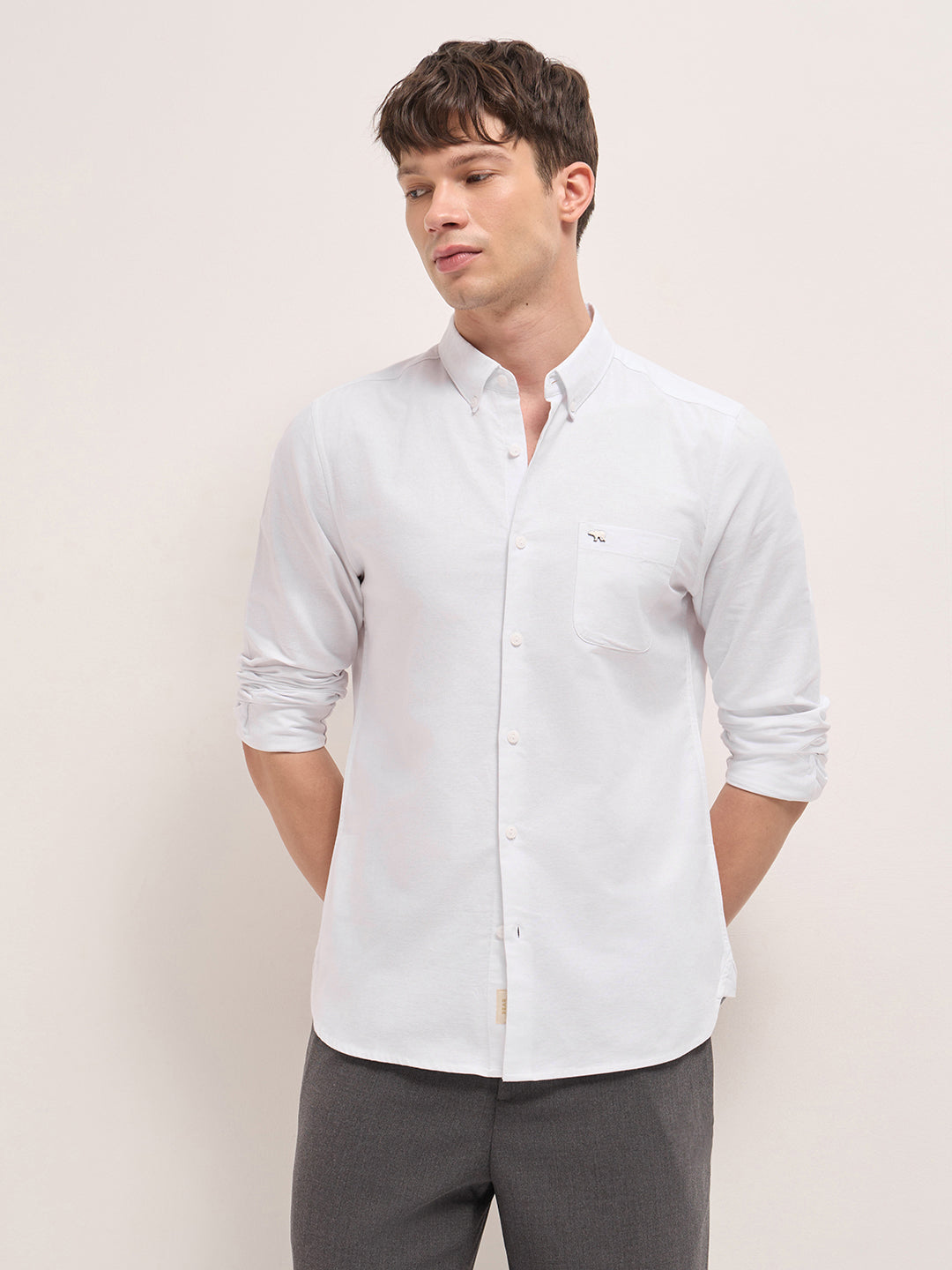 White Solid Cotton Slim Fit Casual Shirt with Button-Down Collar