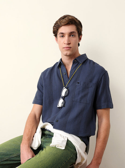 Blue Relaxed Fit Casual Half Sleeve Shirt with Textured Vertical Stripes