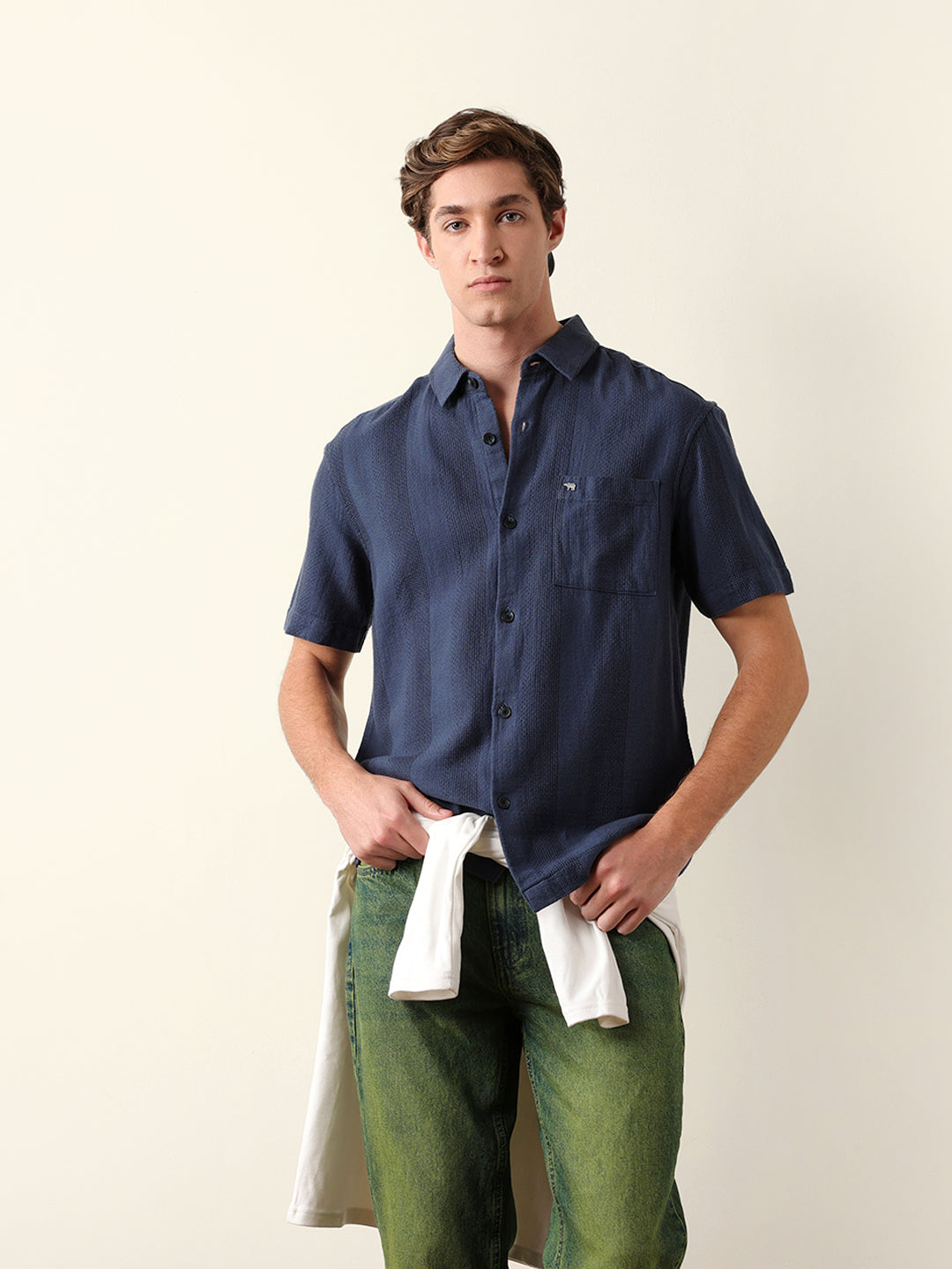 Blue Relaxed Fit Casual Half Sleeve Shirt with Textured Vertical Stripes