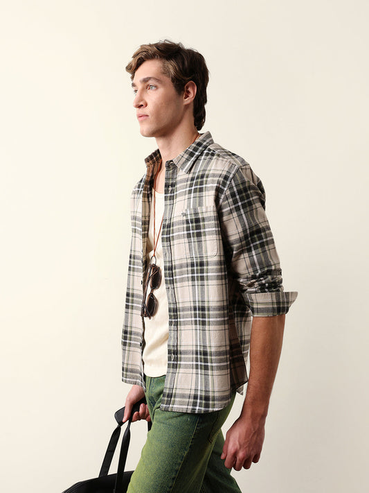 Olive Regular Fit Woven Check Flannel Casual Shirt
