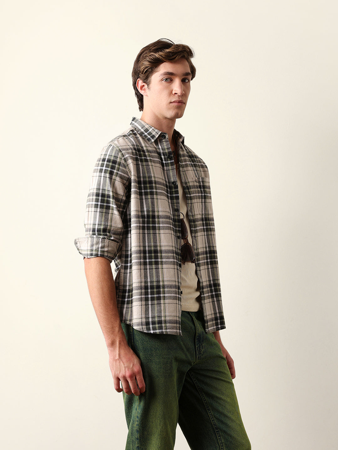 Olive Regular Fit Woven Check Flannel Casual Shirt