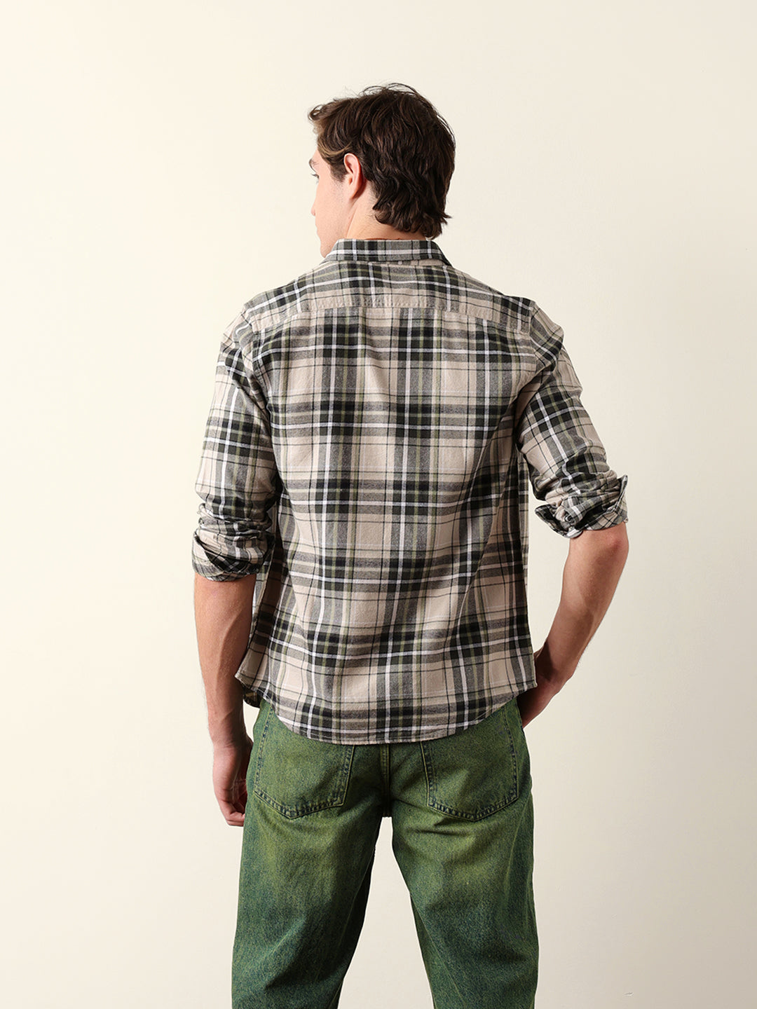 Olive Regular Fit Woven Check Flannel Casual Shirt
