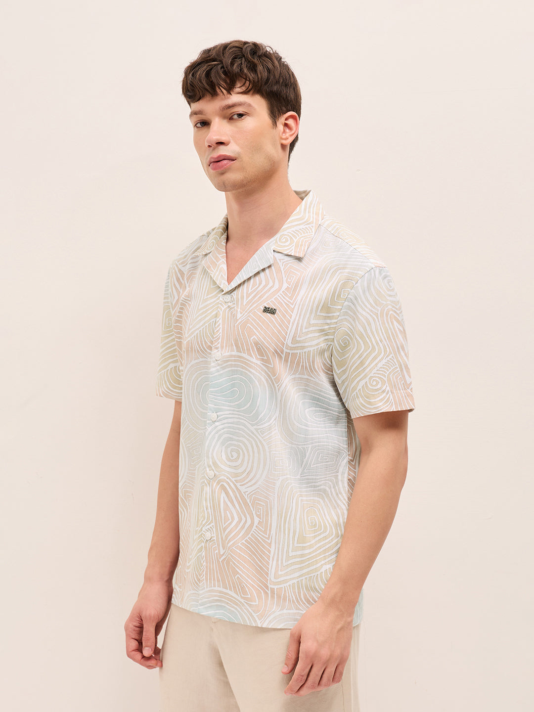 Multicolor Geometric Abstract Print Relaxed Fit Cuban Collar Shirt
