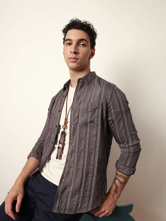 Grey Vertical Seersucker Pinstripe Slim Fit Casual Shirt