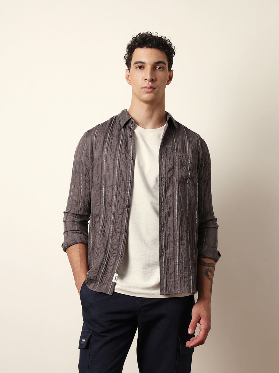 Grey Vertical Seersucker Pinstripe Slim Fit Casual Shirt